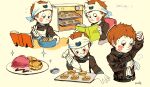  1boy :q alternate_headwear animal-themed_food animal_ear_headband animal_ears animal_print artist_name batter biscuit_(bread) black_eyes black_jacket black_sleeves blue_shirt blush_stickers book bowl brown_hair buttons cat_ears cat_print closed_mouth collared_jacket commentary cooking cropped_legs danganronpa_(series) danganronpa_v3:_killing_harmony english_commentary english_text expressionless fake_animal_ears flying_sweatdrops half-closed_eye half-closed_eyes headband highres holding holding_book holding_bowl holding_headband holding_pipette holding_whip hoshi_ryoma jacket layered_sleeves leather leather_jacket loiodg long_sleeves male_focus multiple_views no_headwear on_chair oven pipette plate reading shirt short_hair sigh simple_background sitting smile sparkle stirring striped_clothes striped_shirt tongue tongue_out tray white_headband wiping_sweat yellow_background zipper 