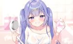  1girl blurry blurry_background blush braid breasts collarbone hair_ornament hamico highres holding holding_shower_head indie_virtual_youtuber long_hair purple_hair second-party_source shirt shower_(place) shower_head smile solo twintails upper_body virtual_youtuber wet white_shirt x_hair_ornament yunico_(vtuber) 