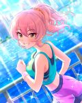  1girl idolmaster idolmaster_cinderella_girls jougasaki_mika looking_at_viewer midriff pink_hair ponytail river running scrunchie shorts smile sports_bra sportswear sweatband water yellow_eyes 