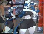 angry anthro artform42nd athletic_wear black_clothing blue_body blue_fur blue_hands blue_text bottomwear breasts brown_text butt buzzwole clothed clothing dialogue digital_media_(artwork) duo eeveelution female fingers fur generation_4_pokemon generation_7_pokemon glaceon gym gym_bottomwear gym_shorts human male mammal nintendo open_mouth pokemon pokemon_(species) poster pupils question_mark shorts stretching tail text thick_thighs ultra_beast white_pupils ych_(character)