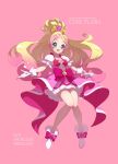  1girl artist_name blonde_hair blue_eyes bow bowtie character_name copyright_name cure_flora dress earrings english_text floating gloves go!_princess_precure gradient_hair half-dress haruno_haruka highres jewelry kuroiro_otento long_hair looking_at_viewer magical_girl multicolored_hair open_mouth pink_background pink_bow pink_hair precure puffy_short_sleeves puffy_sleeves red_bow red_bowtie shoes short_dress short_sleeves signature simple_background skirt_hold smile solo streaked_hair tiara two-tone_hair waist_bow white_footwear white_gloves 