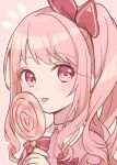  1other aged_down akiyama_mizuki blush bow candy child collared_shirt food hair_bow hinata_mizuiro holding holding_candy holding_food holding_lollipop lollipop long_hair looking_at_viewer pink_eyes pink_hair ponytail project_sekai shirt solo swirl_lollipop tongue tongue_out 