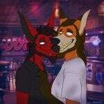 anthro beard bedroom_eyes canid canine canis clothing duo facial_hair fox foxmusk hand_on_chest male male/male mammal narrowed_eyes nico_(foxmusk) photo_background photography_(artwork) redneck seductive swamp_(character) toothy_grin