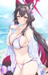  1girl animal_ears bikini black_hair blue_archive blush breasts cleavage fox_ears fox_girl fox_tail hair_ornament halo hand_up highres ichinomiya_(blantte) large_breasts long_hair looking_at_viewer navel off_shoulder official_alternate_costume outdoors parted_lips red_halo single_bare_shoulder smile solo swimsuit tail wakamo_(blue_archive) wakamo_(swimsuit)_(blue_archive) white_bikini yellow_eyes 