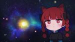  1girl aki_inu animal_ear_fluff animal_ears black_bow blush bow cat_ears closed_mouth confused dress frilled_dress frills green_dress hair_bow kaenbyou_rin meme puffy_short_sleeves puffy_sleeves red_eyes red_hair short_sleeves solo space_cat_(meme) touhou 