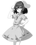  1girl animal_ears carrot_necklace commentary floppy_ears greyscale highres inaba_tewi jewelry monochrome necklace onkn_sxkn rabbit_ears rabbit_girl shirt short_sleeves simple_background skirt smile solo touhou 