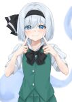  1girl absurdres black_bow black_bowtie black_hairband blue_eyes bow bow_hairband bowtie collared_shirt dot_nose ghost green_skirt green_vest hair_between_eyes hair_intakes hairband hands_up highres index_finger_raised konpaku_youmu konpaku_youmu_(ghost) light_blush looking_at_viewer pleated_skirt puffy_short_sleeves puffy_sleeves ramiki shirt short_hair short_sleeves simple_background skirt skirt_set smile touhou upper_body vest white_background white_hair white_shirt youmu_day 