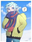  ! 1boy aroma_0404 blue_eyes blue_mittens blue_scarf blush border breath cloud commentary_request eyelashes green_pants grusha_(pokemon) hand_in_pocket hand_up highres jacket male_focus mittens outdoors outside_border pants pokemon pokemon_sv scarf scarf_over_mouth sky solo spoken_exclamation_mark striped_clothes striped_scarf white_border yellow_jacket 