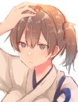  2girls arm_up breasts brown_eyes brown_hair closed_eyes closed_mouth hair_between_eyes hand_on_own_head japanese_clothes kaga_(kancolle) kantai_collection minigirl multiple_girls on_head ponytail rinto_(rint_rnt) sendai_(kancolle) side_ponytail simple_background sparkle symbol-only_commentary tasuki 