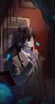  1boy absurdres bandaged_hand bandaged_neck bandages brown_jacket brown_necktie brown_sleeves bungou_stray_dogs chinese_commentary coattails collared_jacket collared_shirt commentary_request curtains dated dazai_osamu_(bungou_stray_dogs) facial_tattoo finger_to_own_chin fingernails flower flower_tattoo hair_between_eyes highres indoors jacket layered_sleeves long_hair long_sleeves male_focus necktie painting_(object) purple_hair rose sanshui_guantang shirt signature solo tattoo upper_body white_flower white_rose white_shirt 