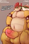 anthro armwear bagu balls belly big_balls big_penis bodily_fluids bowser bracelet clothing collar cum dialogue erection genital_fluids genitals hair hi_res horn humanoid_genitalia humanoid_penis jewelry koopa looking_at_viewer male mario_bros muscular muscular_male neckwear nintendo pecs penile_spines penis precum red_hair reptile scalie shell simple_background sitting solo spiked_bracelet spiked_collar spikes teeth_showing text yellow_body