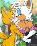 2024 absurd_res anthro anthro_on_anthro balls bat big_breasts blush breasts canid canine duo erection female fox fur genitals hi_res humanoid_genitalia humanoid_penis kissing lollipopcon male male/female mammal miles_prower penis rouge_the_bat sega sonic_the_hedgehog_(series) yellow_body yellow_fur