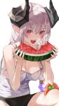  1girl absurdres black_shorts braid breasts character_request choppy_bangs cleavage copyright_request cropped_legs eating facial_tattoo fangs food fruit grey_tank_top highres holding_watermelon horns jangu707 long_hair looking_at_viewer medium_breasts open_mouth pink_hair pointy_ears red_eyes short_shorts shorts sidelocks sitting sweat tank_top tattoo twin_braids watermelon watermelon_slice wet wet_clothes white_background 