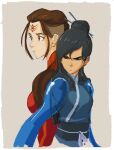 2girls avatar_legends back-to-back black_eyes black_hair brown_background brown_hair chinese_clothes closed_mouth earrings english_commentary hair_bun half-closed_eyes highres jewelry long_hair ming-hua_(the_legend_of_korra) misterunagi multiple_girls p&#039;li_(the_legend_of_korra) red_eyes single_hair_bun sketch the_legend_of_korra third_eye v-shaped_eyebrows very_long_hair water 