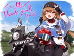  1girl badluck2033 blue_shawl blue_sky blush brown_eyes brown_hair commentary_request commission fur_hat hat helmet kantai_collection long_hair low_twintails motor_vehicle motorcycle open_mouth outdoors papakha shawl skeb_commission sky smile solo tashkent_(kancolle) twintails unworn_headwear unworn_helmet vehicle_request 