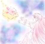  1girl absurdly_long_hair blush closed_eyes commentary_request crossover dress gloves hoshinekirakira kaname_madoka kirby kirby_(series) long_hair mahou_shoujo_madoka_magica open_mouth outstretched_arms pink_hair smile space sparkle star_(sky) trait_connection ultimate_madoka very_long_hair warp_star white_dress white_gloves yellow_eyes 
