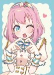  1girl ;d amauri_miruki blue_eyes blue_ribbon blush chikuwa_(tikuwa_primagi) commentary_request hairband hands_up heart heart_hands highres looking_at_viewer neck_ribbon one_eye_closed open_mouth pink_hair pretty_series puffy_short_sleeves puffy_sleeves ribbon short_hair short_sleeves smile solo upper_body waccha_primagi! wrist_cuffs 