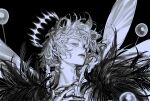 1boy arthropod_boy au_(d_elete) blue_eyes bug butterfly_wings cape cloak collared_shirt crown diamond_hairband dragonfly_wings fate/grand_order fate_(series) fur-trimmed_cape fur-trimmed_cloak fur_trim highres insect_wings looking_at_viewer male_focus medium_hair monochrome oberon_(fate) oberon_(third_ascension)_(fate) shirt solo spot_color upper_body wing_cape wings 