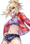  1girl belt black_belt blonde_hair cowboy_shot crop_top dated fate/apocrypha fate_(series) fon-due_(fonfon) green_eyes hand_on_own_hip jacket long_hair long_sleeves looking_at_viewer mordred_(fate) mordred_(memories_at_trifas)_(fate) navel open_mouth ponytail red_jacket shirt short_shorts shorts signature simple_background solo white_background white_shirt 