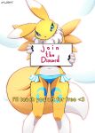 absurd_res ando anthro bandai_namco belly bikini canid canine clothing digimon digimon_(species) female fur furry hi_res holding_object holding_sign looking_at_viewer mammal renamon sign solo swimwear white_belly white_body white_fur yellow_body yellow_fur