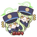  +++ 2girls achilles_(yosshyachillesd) black_hat black_jacket blue_archive chibi closed_mouth gloves green_hair green_halo halo hands_up highlander_sidelocks_conductor_(blue_archive) highlander_twintails_conductor_(blue_archive) highres jacket licking_lips long_hair long_sleeves looking_at_viewer multiple_girls pointy_ears simple_background smile thumbs_up tongue tongue_out white_background white_gloves yellow_eyes 