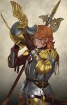  1girl armor breastplate full_armor gauntlets green_eyes helmet highres looking_at_viewer nnnmengmeng orange_hair pauldrons polearm sheath sheathed shoulder_armor simple_background skull solo sword tagme warhammer_fantasy weapon winged_helmet 