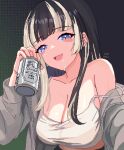  1girl artist_name beer_can black_hair blue_eyes blush breasts camisole can cleavage drink_can grey_hair grey_jacket highres hololive hololive_dev_is jacket juufuutei_raden large_breasts leopxl long_hair multicolored_hair pixel_art two-tone_hair virtual_youtuber 
