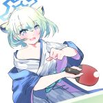  1girl :d animal_ears ball blue_archive green_hair halo highres holding holding_paddle japanese_clothes kandake kimono looking_at_viewer open_mouth paddle playing shigure_(blue_archive) short_hair simple_background smile solo table_tennis_ball table_tennis_paddle weasel_ears white_background yukata 