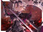  1girl absurdres armor armored_dress banner black_cape breasts cape chain fate/grand_order fate_(series) faulds fire flag fur-trimmed_cape fur_trim gauntlets headpiece highres holding holding_flag jeanne_d&#039;arc_alter_(avenger)_(fate) jeanne_d&#039;arc_alter_(avenger)_(first_ascension)_(fate) jeanne_d&#039;arc_alter_(fate) large_breasts looking_at_viewer plackart short_hair smile solo standard_bearer sword weapon white_flag white_hair xiao_yue_(3332ki) yellow_eyes 