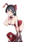  1girl absurdres animal_ears black_hair bow bowtie breasts cleavage commentary_request detached_collar grey_eyes grey_thighhighs highres large_breasts leotard long_hair love_live! love_live!_nijigasaki_high_school_idol_club playboy_bunny rabbit_ears rabbit_tail red_bow red_bowtie red_leotard simple_background solo strapless strapless_leotard tail thighhighs white_background yuki_setsuna_(love_live!) zasshoku_ojisan 