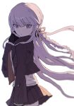  1girl black_gloves black_jacket black_ribbon black_skirt braid brown_necktie danganronpa:_trigger_happy_havoc danganronpa_(series) expressionless from_side gloves grey_hair grey_shirt hair_ribbon highres isa_kojima jacket kirigiri_kyoko long_hair looking_at_viewer miniskirt necktie open_clothes open_jacket pleated_skirt ribbon shirt side_braid skirt solo 