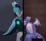  anthro blue_body blue_fur dragon duo fellatio fur glory_hole glowing hi_res machine male male/male masturbation oral penile penile_masturbation pinkybunny protogen purple_body sex 