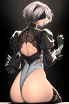  1girl 2b_(nier:automata) ass back_cutout black_background black_blindfold black_gloves black_hairband black_thighhighs blindfold clothing_cutout commentary facing_to_the_side feather-trimmed_sleeves from_behind gloves grey_hair hairband hands_up highres juliet_sleeves leotard long_sleeves nier:automata nier_(series) parted_lips profile puffy_sleeves short_hair sitting solo temoc thighhighs thong_leotard white_leotard 