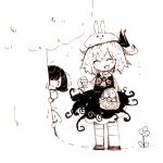  2girls animal_ears ascot black_vest carrot closed_mouth floppy_ears flower full_body hair_ornament hair_ribbon inaba_tewi is_that_so limited_palette mokumoku22 multiple_girls open_mouth rabbit_ears rabbit_hair_ornament ribbon rumia short_hair touhou tree vest 