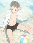  1boy ball bare_legs bare_pectorals beach beachball bulge day jacket looking_at_viewer male_focus male_swimwear navel nipples one_eye_closed original outdoors pectorals short_hair solo swim_briefs tayu_(mousou_dokoro_2) teeth tight topless_male water 