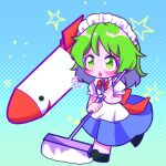  1girl 1other apron black_footwear blue_dress broom chibi collared_shirt commentary_request dress green_eyes green_hair holding holding_broom maid maid_apron maid_headdress medium_hair mimi-chan missile puffy_short_sleeves puffy_sleeves rocket ruukoto shirt short_sleeves solo tasotasoyan00 touhou touhou_(pc-98) undershirt white_apron white_shirt 