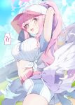  !? 1girl absurdres alternate_costume alternate_hairstyle arms_behind_head arms_up baseball_cap baseball_uniform belt blue_archive blue_sky blush cowboy_shot day feathered_wings halo hat highres low_wings meunhongcha midriff mika_(blue_archive) navel open_mouth pink_belt pink_hair pink_halo ponytail shirt short_sleeves shorts sky smile solo spoken_interrobang sportswear sweat tied_shirt white_shirt white_shorts white_wings wing_ornament wings yellow_eyes 
