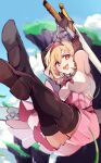  1girl arms_up blonde_hair blurry blurry_background boots breasts brown_footwear djeeta_(granblue_fantasy) dress eri_(erikiri) full_body gauntlets granblue_fantasy grass hairband highres holding holding_sword holding_weapon medium_breasts midair pink_dress red_hairband scabbard sheath short_hair sword thigh_boots weapon 