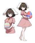  1girl animal_ears bare_legs barefoot brown_eyes brown_hair carrot carrot_necklace cocktiel77 commentary_request dress easter_egg egg floppy_ears highres holding holding_egg inaba_tewi jewelry multiple_views necklace pink_dress rabbit_ears rabbit_girl rabbit_tail short_dress short_hair simple_background tail touhou white_background 