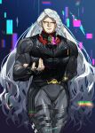  1boy absurdres alessandro_cagliostro_(fate) belt black_bodysuit bodysuit braid bulge cowboy_shot facial_hair fate/grand_order fate_(series) goatee green_eyes grey_hair heterochromia higashizumu highres legs_together long_hair looking_at_viewer male_focus muscular muscular_male outstretched_hand pectorals red_eyes solo thighs 