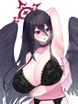  1girl absurdres armpits black_bra black_hair black_wings blue_archive bra breasts choker cleavage garter_belt garter_straps hair_between_eyes halo hasumi_(blue_archive) highres large_breasts lee_jin_byeol long_hair mole mole_under_eye open_mouth red_eyes solo sweat underwear wings wiping_sweat 