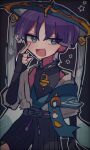  1boy a0lmh_e black_background black_gloves cowboy_shot fang fingerless_gloves genshin_impact gloves hand_up hat highres japanese_clothes male_focus open_mouth purple_eyes purple_hair scaramouche_(genshin_impact) short_hair shorts simple_background solo wanderer_(genshin_impact) 