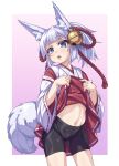 1girl animal_ear_fluff animal_ears bell bike_shorts black_shorts blue_eyes blunt_bangs border clothes_lift commentary_request cowboy_shot ear_bell earrings fox_ears fox_tail hair_ornament hakama hakama_short_skirt hakama_skirt head_tilt highres japanese_clothes jewelry jingle_bell jingle_bell_earrings kimono kuon_shiraha_(kyuutou) kyuutou_(kyuutouryuu) lifted_by_self light_blush lolibaba long_sleeves looking_at_viewer medium_hair miko navel open_mouth original pink_background ponytail red_hakama ribbon-trimmed_hakama rope shimenawa shorts simple_background single_earring skirt skirt_lift solo standing stomach sweatdrop tail thick_eyebrows white_border white_hair white_kimono wide_sleeves 