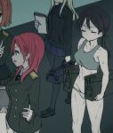  4girls aleksandra_i._pokryshkin aohashi_ame bare_shoulders black_pantyhose blonde_hair blue_skirt brave_witches breasts brown_hair closed_eyes closed_mouth gertrud_barkhorn grey_tank_top gundula_rall highres indoors long_hair looking_at_another midriff military_uniform miniskirt minna-dietlinde_wilcke multiple_girls navel open_mouth panties pantyhose red_hair skirt small_breasts strike_witches talking tank_top twintails underwear uniform walking white_panties world_witches_series 
