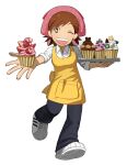  +_+ 1girl apron blue_eyes brown_hair collared_shirt commentary cooking_mama cupcake english_commentary food fruit full_body head_scarf highres holding holding_food holding_tray looking_at_viewer mama_(cooking_mama) one_eye_closed open_mouth pants shirt shoes smile sneakers solo strawberry tafrnout tenugui tray 