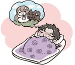  1boy 1girl :3 :d baseball_bat blanket brown_hair catherine_(project_moon) chibi collar dog dreaming dress flower futon heathcliff_(project_moon) highres kojocho05 limbus_company long_hair pillow project_moon purple_collar purple_flower scar scar_on_face short_hair sleeping smile thought_bubble under_covers white_dress 