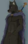  animal_genitalia anthro balls biped black_body black_fur black_nose blaidd_(elden_ring) canid canine canis cape clothing copinlighter elden_ring front_view fur genitals hi_res looking_at_viewer male mammal melee_weapon open_mouth penis penis_tip purple_eyes sheath solo standing sword weapon wolf 