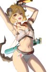 1girl absurdres arknights arm_strap armpits arms_up bandages bikini blonde_hair breasts chest_sarashi choker cleavage commentary cowboy_shot highres holding horns ifrit_(arknights) ifrit_(sunburn)_(arknights) navel official_alternate_costume sarashi short_hair simple_background small_breasts solo standing stomach swimsuit tail thighs uinref white_background white_bikini 