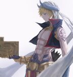  1boy absurdres arabian_clothes blonde_hair cropped_vest earrings fate/grand_order fate_(series) gauntlets gilgamesh_(caster)_(fate) gilgamesh_(fate) hat highres holding jewelry male_focus red_eyes shitodo_mi short_hair single_gauntlet solo stone_tablet tattoo turban vest 