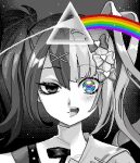  1girl ame-chan_(needy_girl_overdose) blue_eyes bow chouzetsusaikawa_tenshi-chan closed_mouth commentary dark_side_of_the_moon dual_persona eencya english_commentary expressionless hair_bow hair_ornament heart heart_hair_ornament long_hair looking_at_viewer multicolored_hair multiple_hair_bows needy_girl_overdose official_art open_mouth pink_floyd pixel_art portrait rainbow sailor_collar second-party_source shirt smile solo split_screen split_theme spot_color triangle x_hair_ornament 